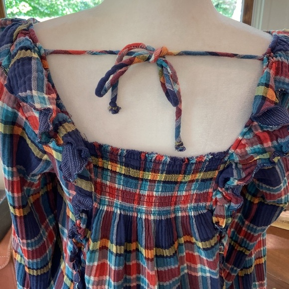 We the FREE  Womens Navy Plaid Long Sleeve
Square Neck Top Ruffle Sz XS. - Picture 6 of 8